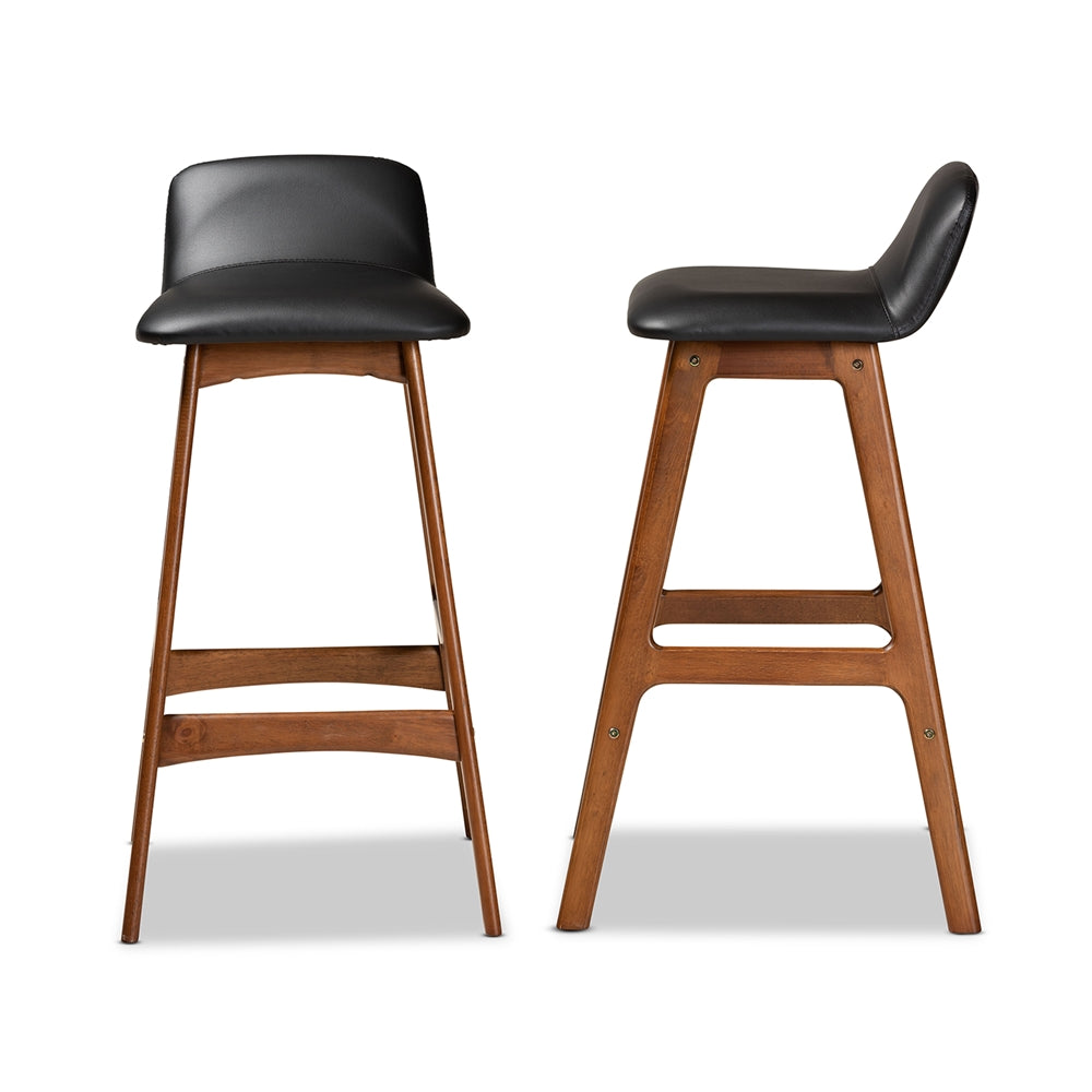 Baxton Studio Darrin Mid-Century Modern Black Faux Leather Upholstered And Walnut Brown Finished Wood 2-Piece Bar Stool Set