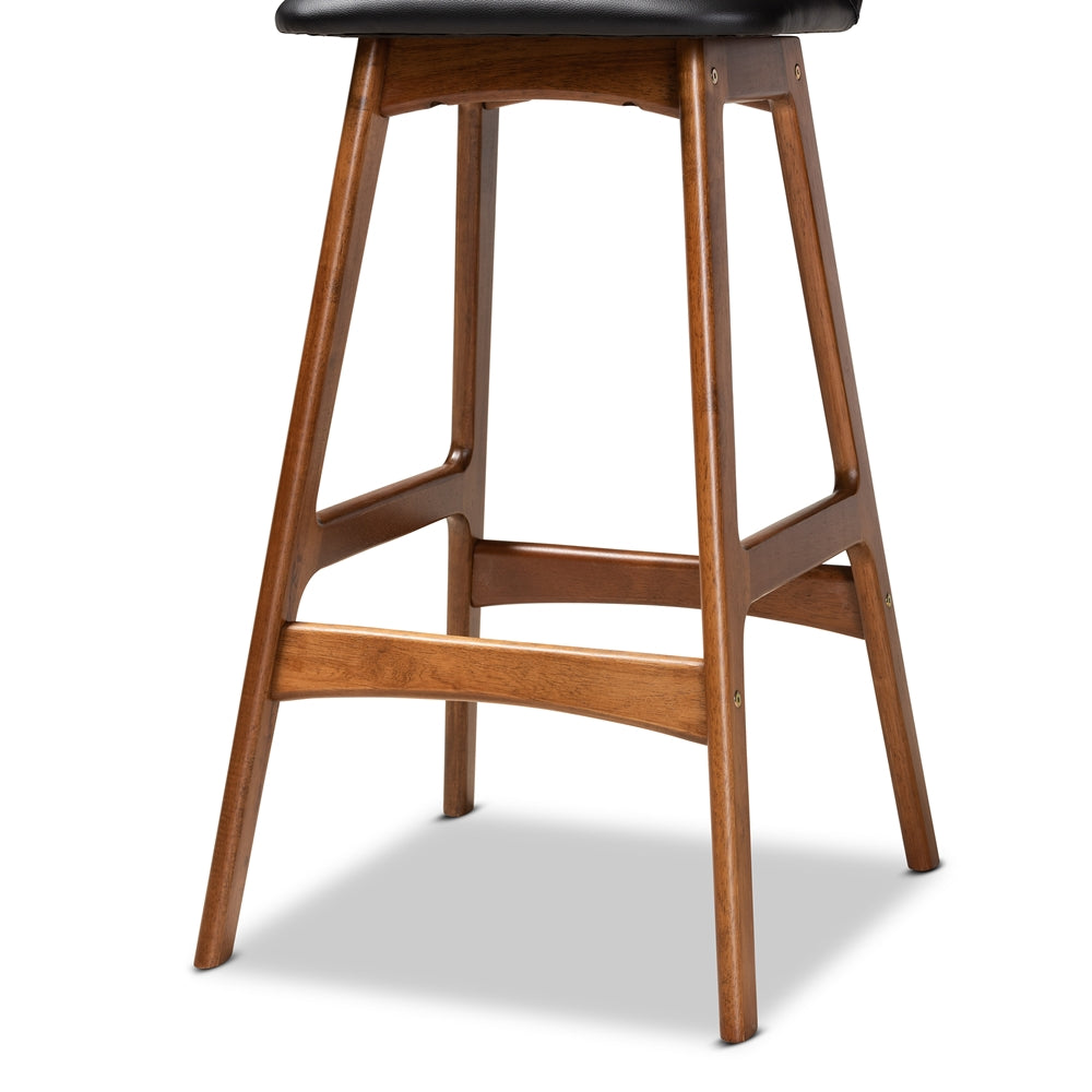 BAXTON STUDIO DARRIN MID-CENTURY MODERN BLACK FAUX LEATHER UPHOLSTERED AND WALNUT BROWN FINISHED WOOD 2-PIECE BAR STOOL SET