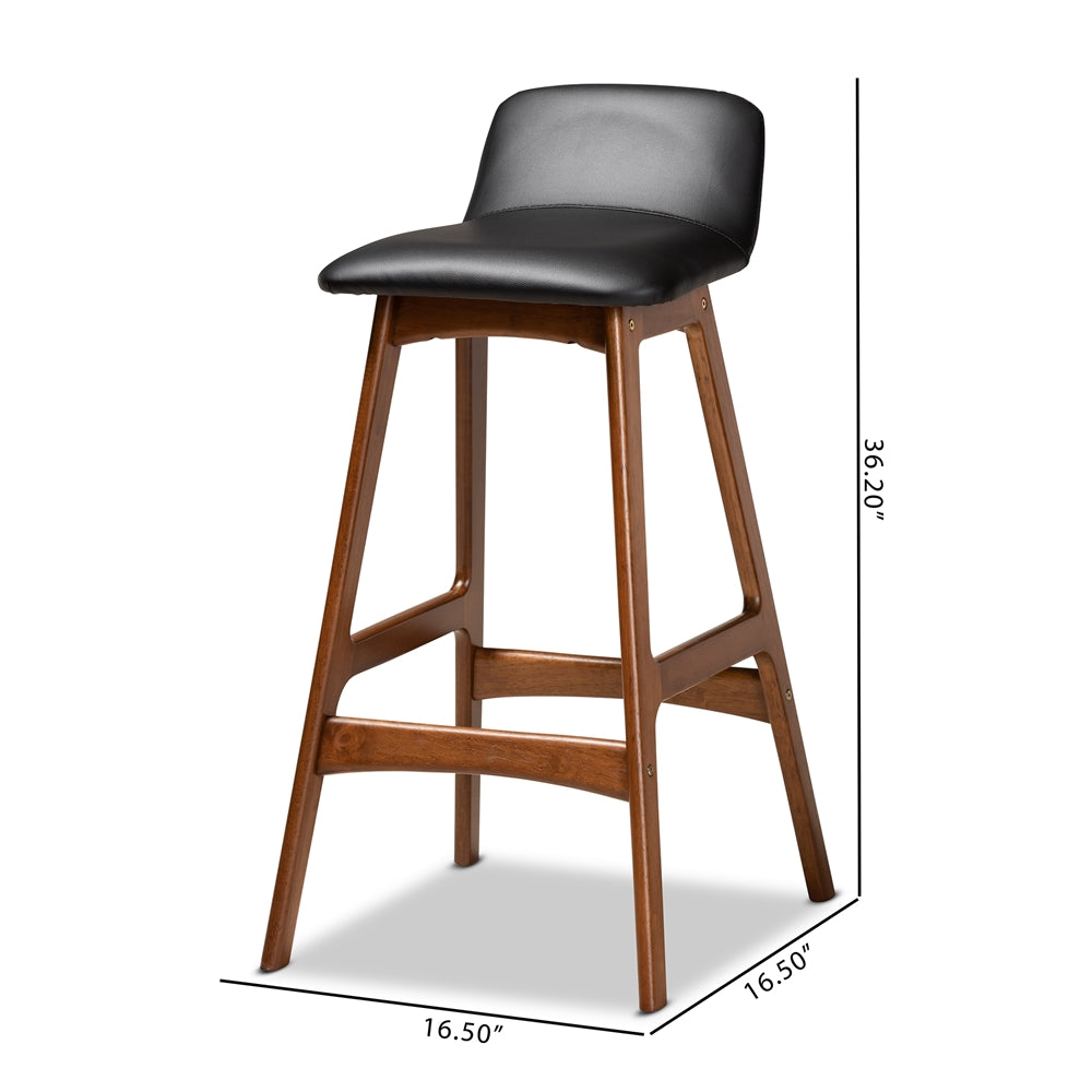 Baxton Studio Darrin Mid-Century Modern Black Faux Leather Upholstered And Walnut Brown Finished Wood 2-Piece Bar Stool Set