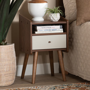 Baxton Studio Elario Mid-Century Modern Two-Tone Grey And Walnut Brown Finished Wood 1-Drawer Nightstand