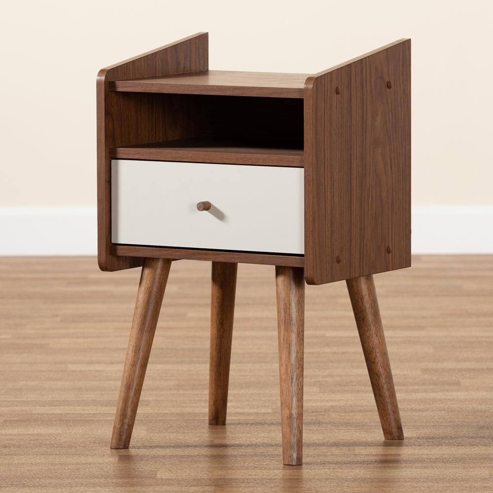 Baxton Studio Elario Mid-Century Modern Two-Tone Grey And Walnut Brown Finished Wood 1-Drawer Nightstand