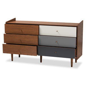 Baxton Studio Halden Mid-Century Modern Multicolor Walnut Brown And Grey Gradient Finished Wood 6-Drawer Dresser