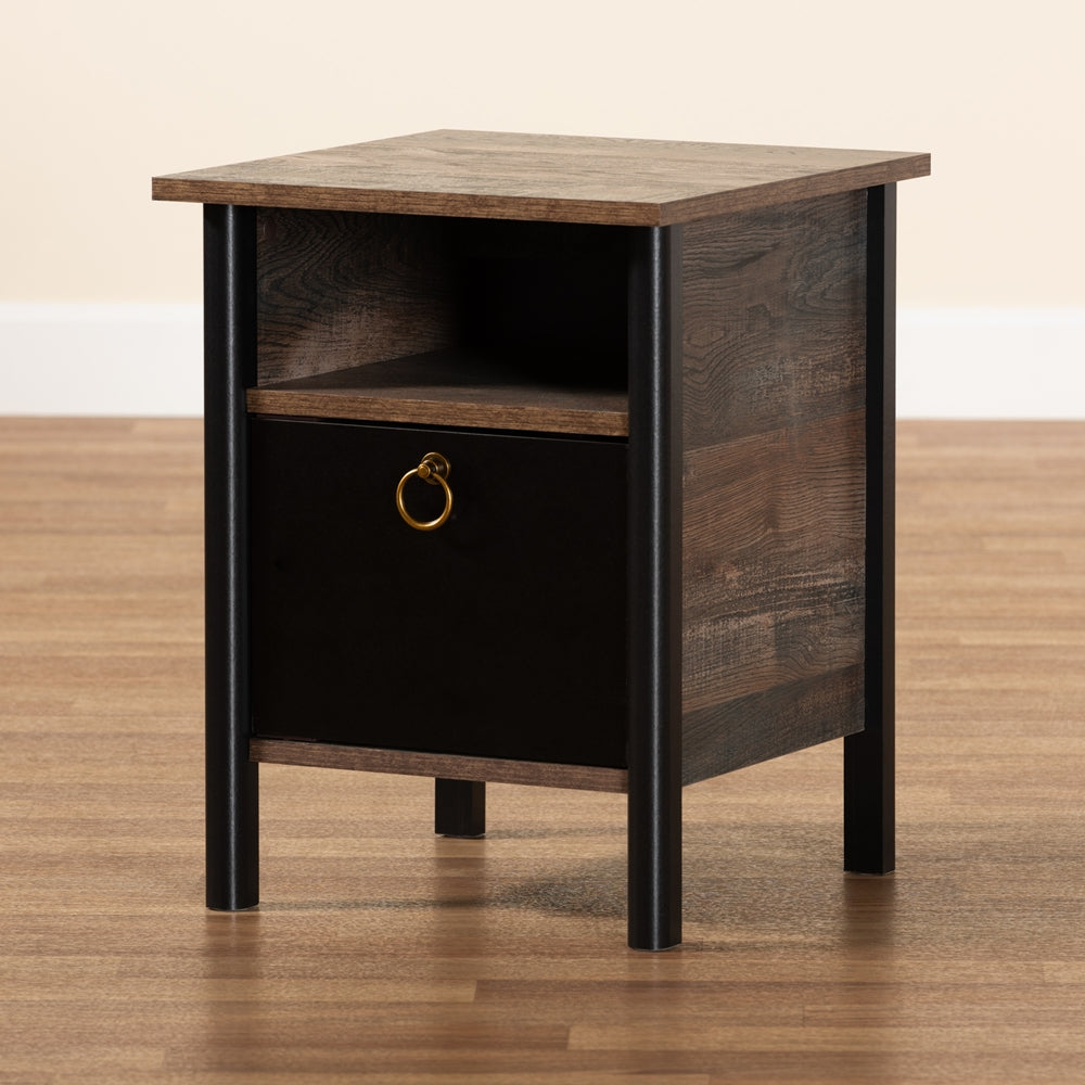 Baxton Studio Vaughan Modern And Contemporary Two-Tone Rustic Brown And Black Finished Wood Nightstand