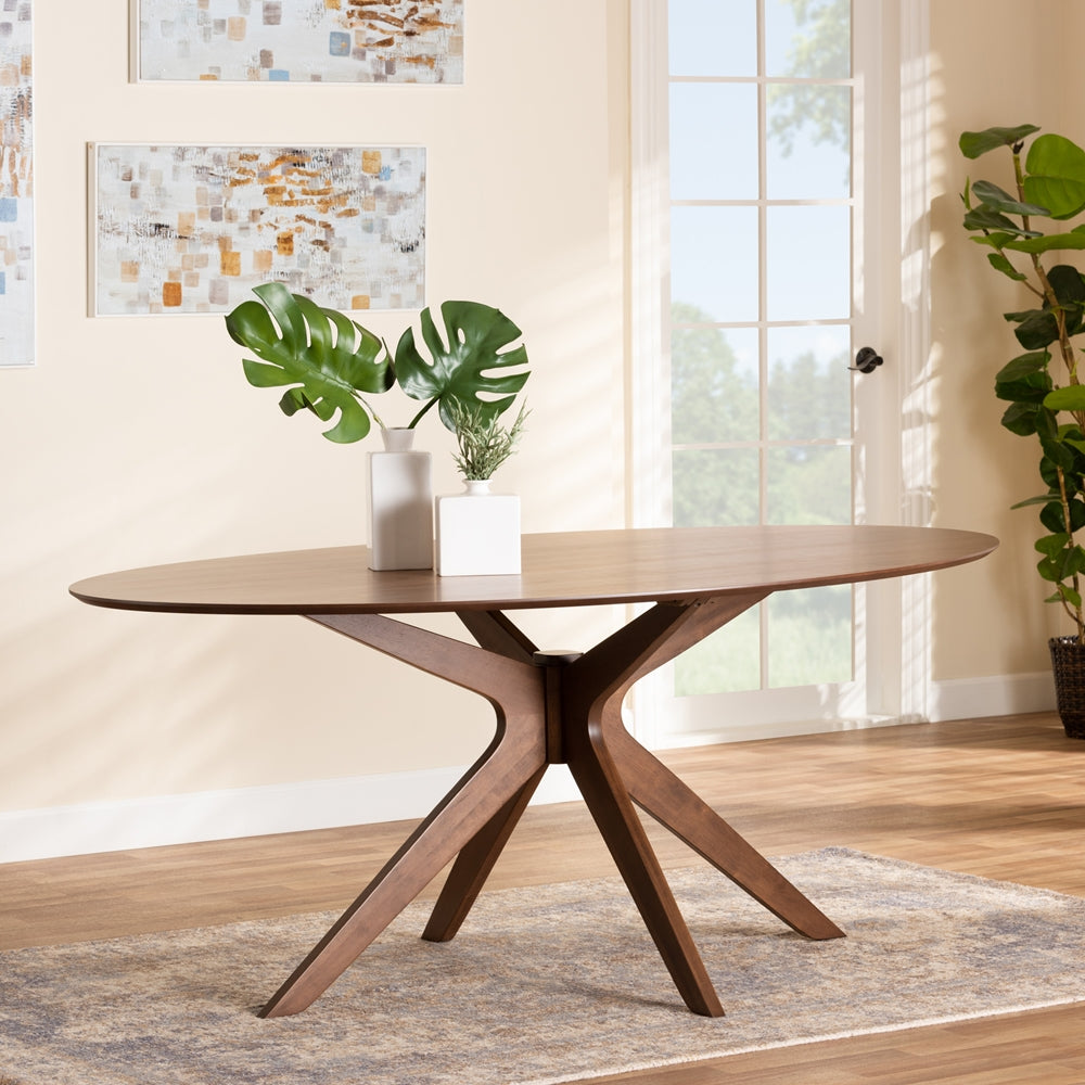 Baxton Studio Monte Mid-Century Modern Walnut Brown Finished Wood 71-Inch Oval Dining Table