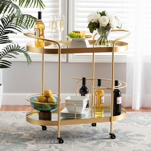 Baxton Studio Kamal Modern And Contemporary Glam Brushed Gold Finished Metal And Mirrored Glass 2-Tier Mobile Wine Bar Cart