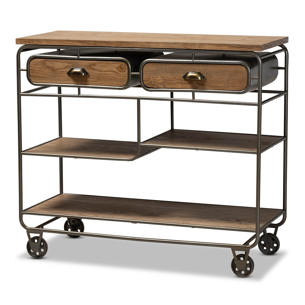 Baxton Studio Grant Vintage Rustic Industrial Oak Brown Finished Wood And Black Finished Metal 2-Drawer Kitchen Cart