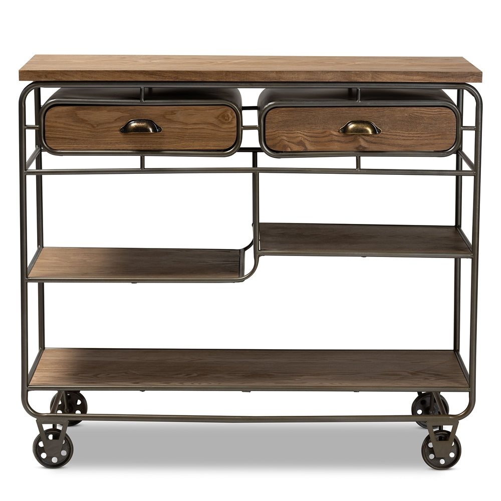 Baxton Studio Grant Vintage Rustic Industrial Oak Brown Finished Wood And Black Finished Metal 2-Drawer Kitchen Cart