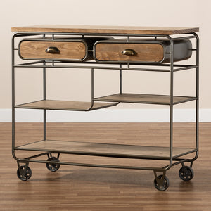 Baxton Studio Grant Vintage Rustic Industrial Oak Brown Finished Wood And Black Finished Metal 2-Drawer Kitchen Cart