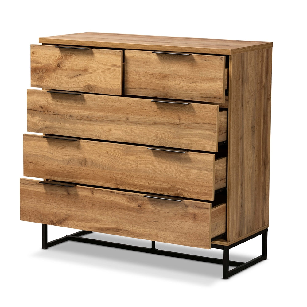 Baxton Studio Franklin Modern And Contemporary Oak Finished Wood And Black Finished Metal 5-Drawer Bedroom Chest