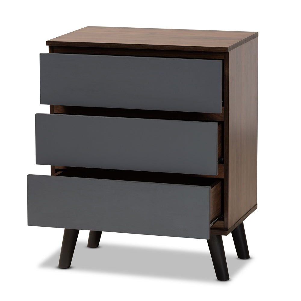 Baxton Studio Roldan Modern And Contemporary Two-Tone Walnut And Grey Finished Wood 3-Drawer Bedroom Chest