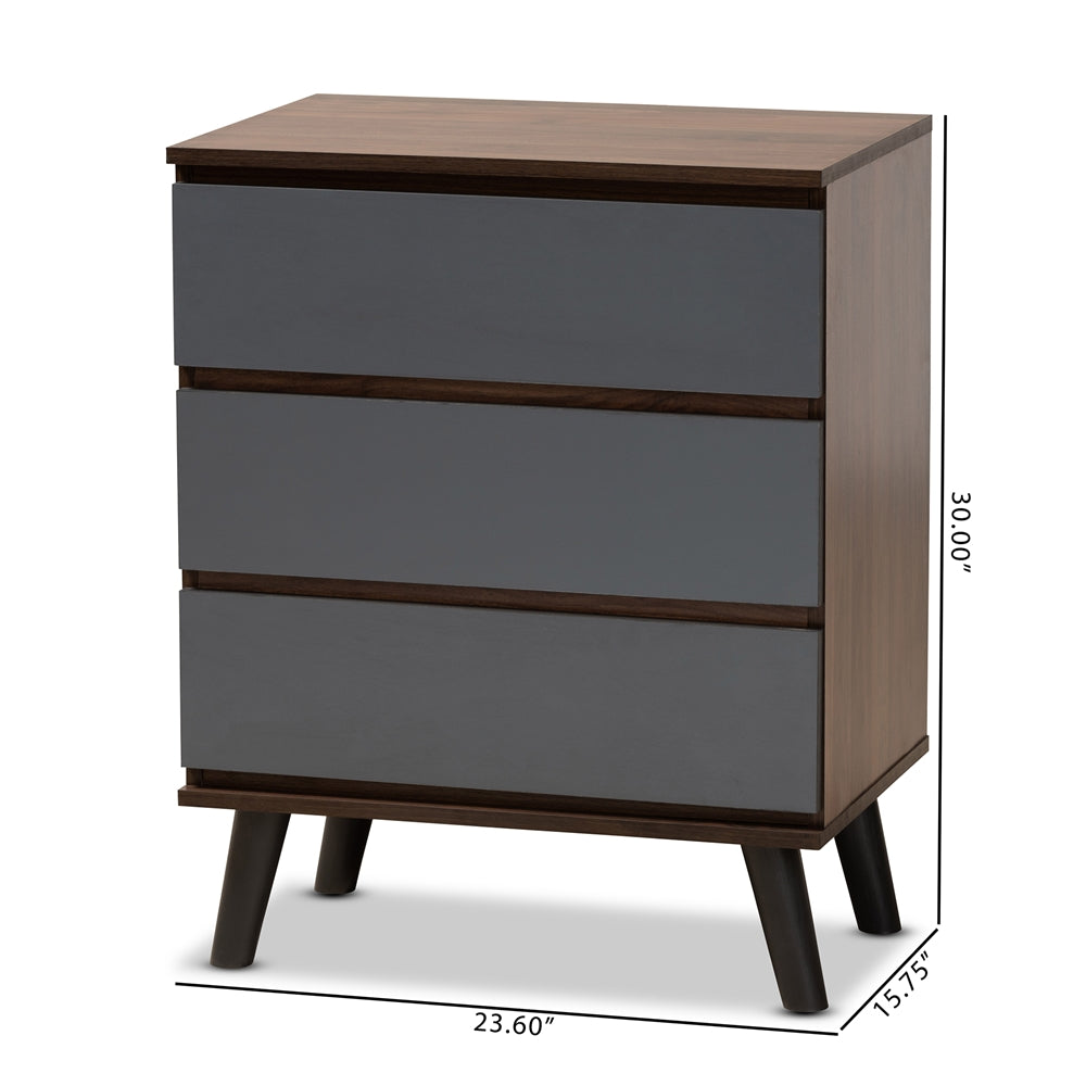 Baxton Studio Roldan Modern And Contemporary Two-Tone Walnut And Grey Finished Wood 3-Drawer Bedroom Chest