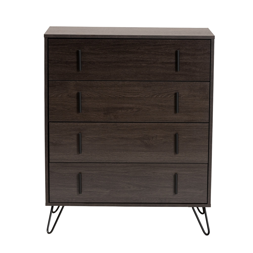 Baxton Studio Baldor Modern And Contemporary Dark Brown Finished Wood And Black Metal 4-Drawer Bedroom Chest