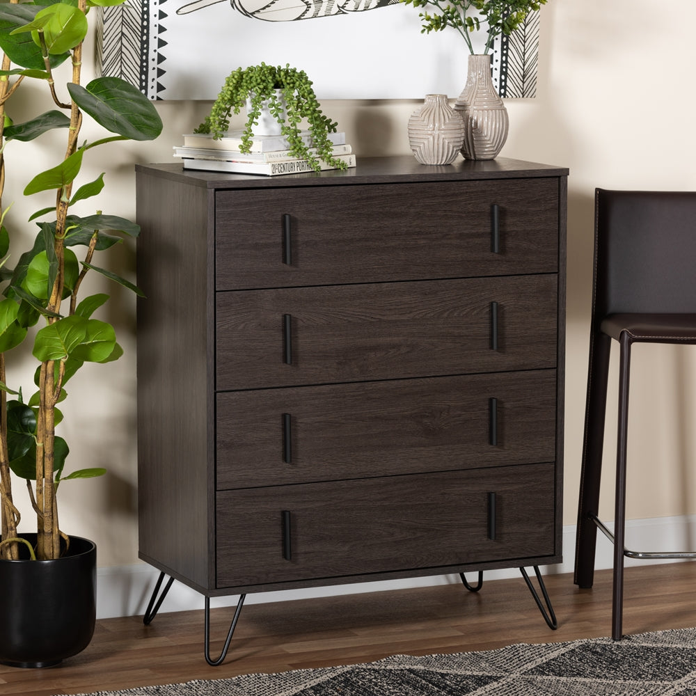 Baxton Studio Baldor Modern And Contemporary Dark Brown Finished Wood And Black Metal 4-Drawer Bedroom Chest