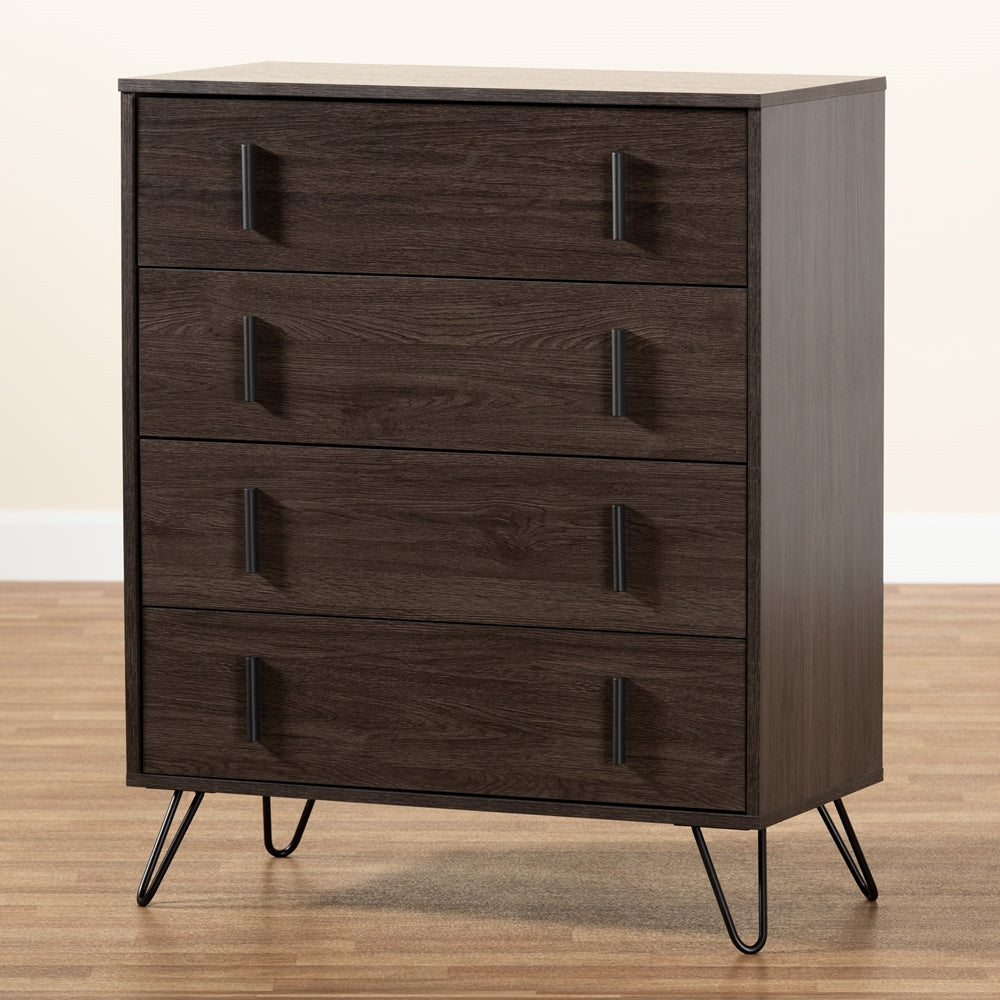 Baxton Studio Baldor Modern And Contemporary Dark Brown Finished Wood And Black Metal 4-Drawer Bedroom Chest