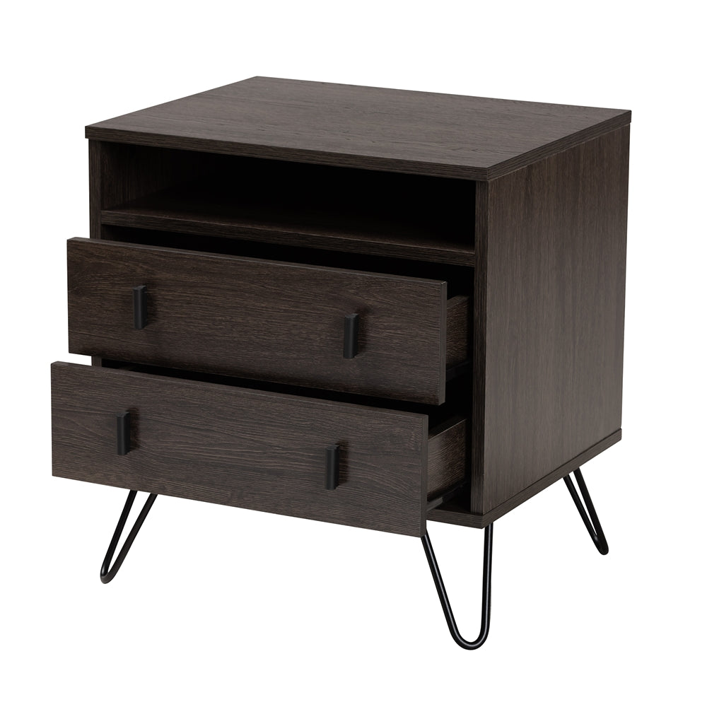 Baxton Studio Glover Modern And Contemporary Dark Brown Finished Wood And Black Metal 2-Drawer Nightstand