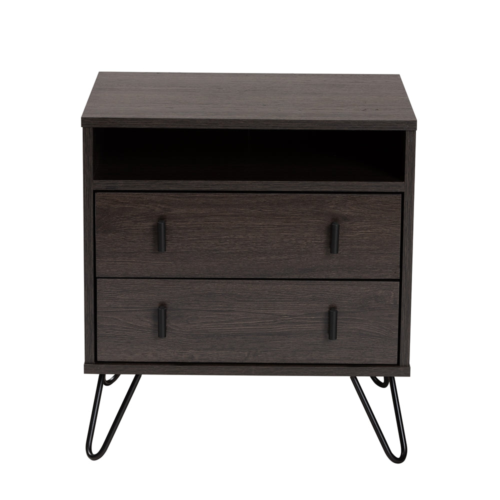 Baxton Studio Glover Modern And Contemporary Dark Brown Finished Wood And Black Metal 2-Drawer Nightstand