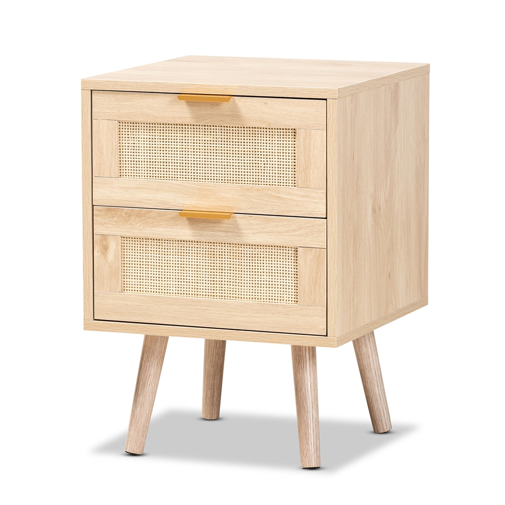 Baxton Studio Baird Mid-Century Modern Finished Wood and Rattan 2-Drawer Nightstand