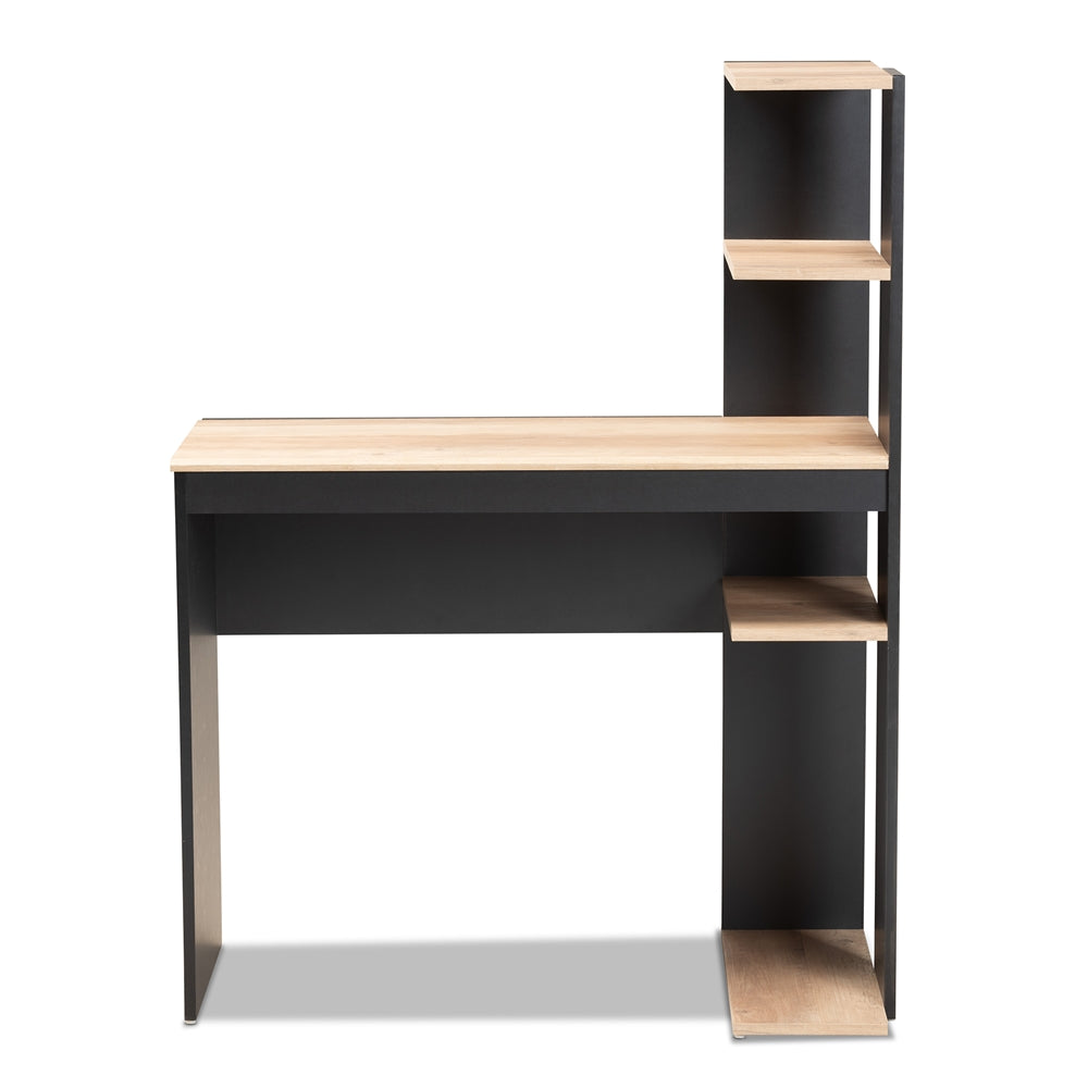 Baxton Studio Callahan Modern And Contemporary Two-Tone Dark Grey And Oak Finished Wood Desk With Shelves