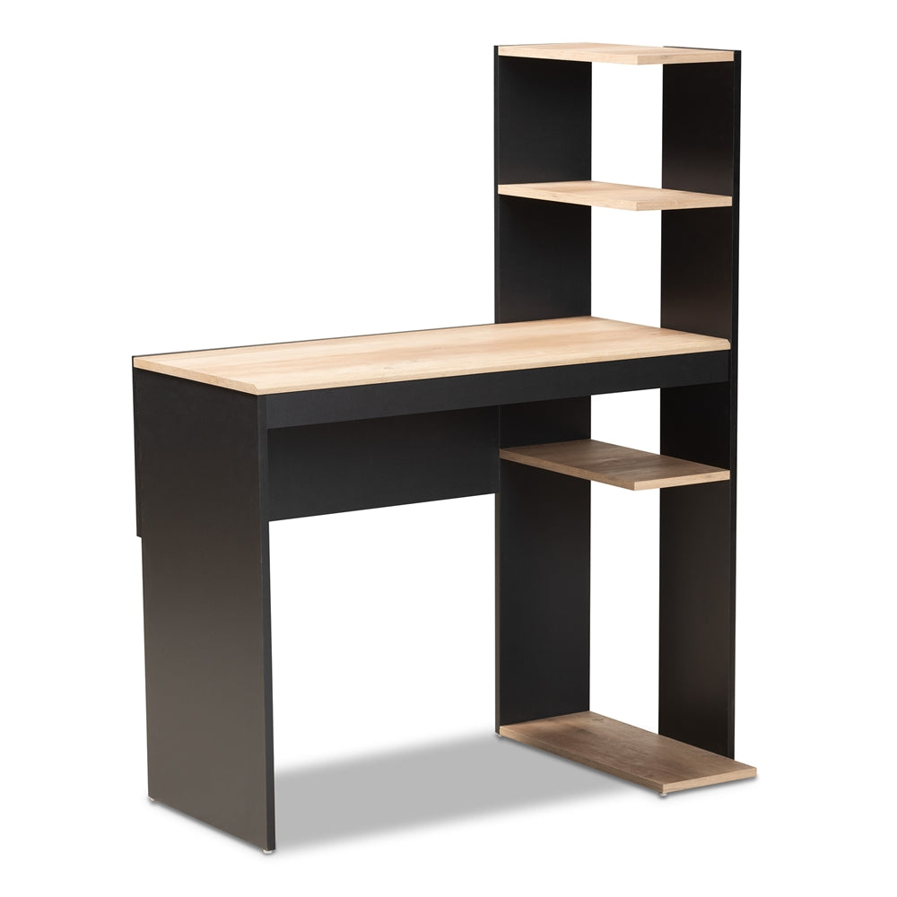 Baxton Studio Callahan Modern And Contemporary Two-Tone Dark Grey And Oak Finished Wood Desk With Shelves