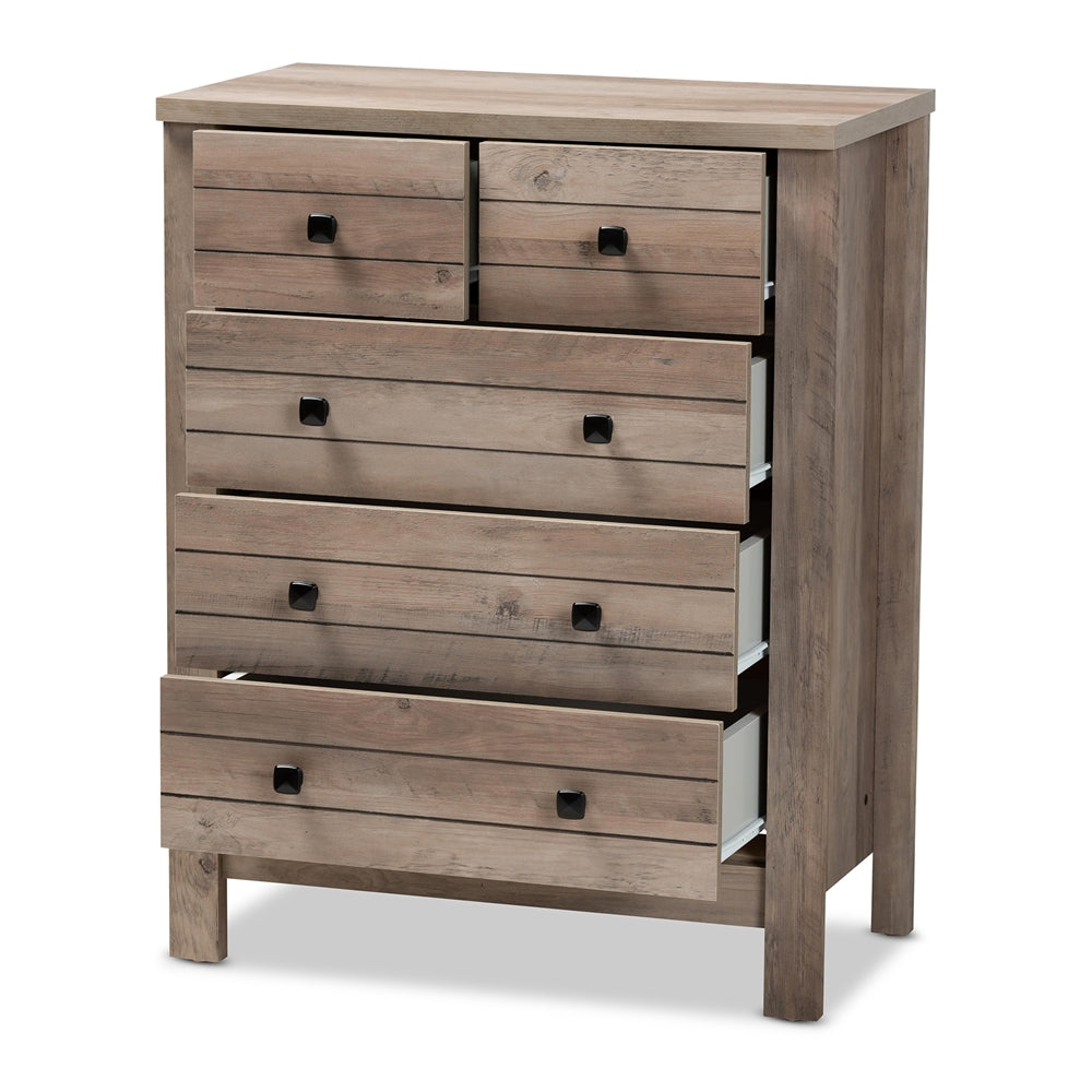 Baxton Studio Derek Modern And Contemporary Transitional Rustic Oak Finished Wood 5-Drawer Chest