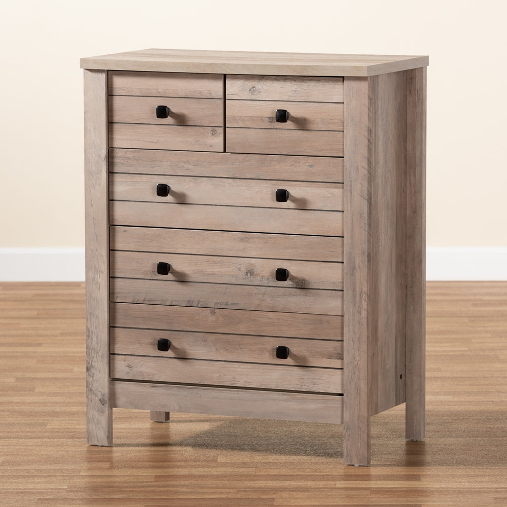 Baxton Studio Derek Modern And Contemporary Transitional Rustic Oak Finished Wood 5-Drawer Chest