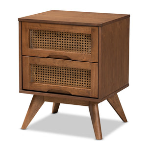 Baxton Studio Barrett Mid-Century Modern Walnut Brown Finished Wood And Synthetic Rattan 2-Drawer Nightstand