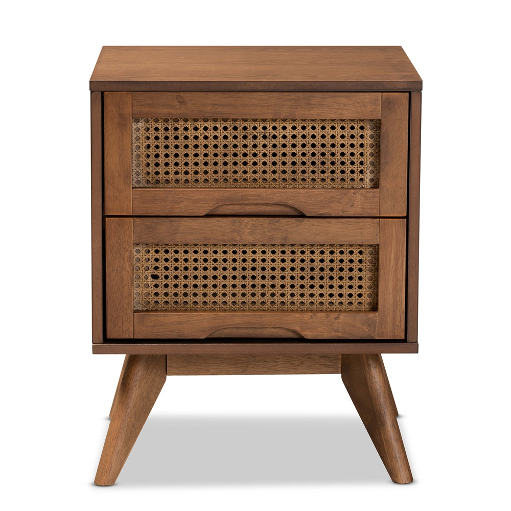 Baxton Studio Barrett Mid-Century Modern Walnut Brown Finished Wood And Synthetic Rattan 2-Drawer Nightstand