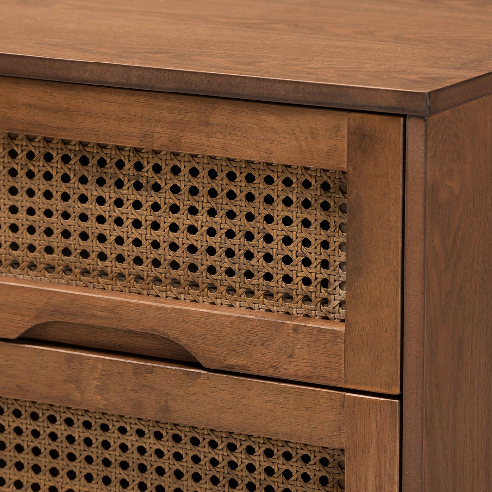 Baxton Studio Barrett Mid-Century Modern Walnut Brown Finished Wood And Synthetic Rattan 2-Drawer Nightstand