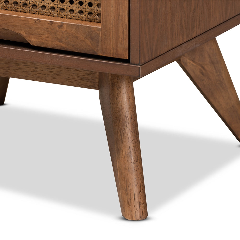 Baxton Studio Barrett Mid-Century Modern Walnut Brown Finished Wood And Synthetic Rattan 2-Drawer Nightstand