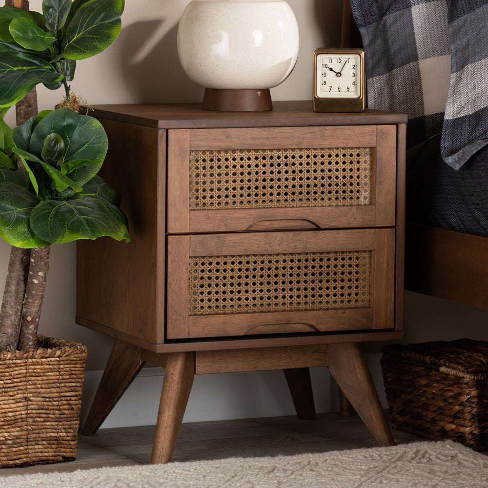 BAXTON STUDIO BARRETT MID-CENTURY MODERN WALNUT BROWN FINISHED WOOD AND SYNTHETIC RATTAN 2-DRAWER NIGHTSTAND