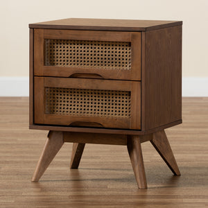 Baxton Studio Barrett Mid-Century Modern Walnut Brown Finished Wood And Synthetic Rattan 2-Drawer Nightstand