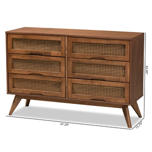 Baxton Studio Barrett Mid-Century Modern Walnut Brown Finished Wood And Synthetic Rattan 6-Drawer Dresser