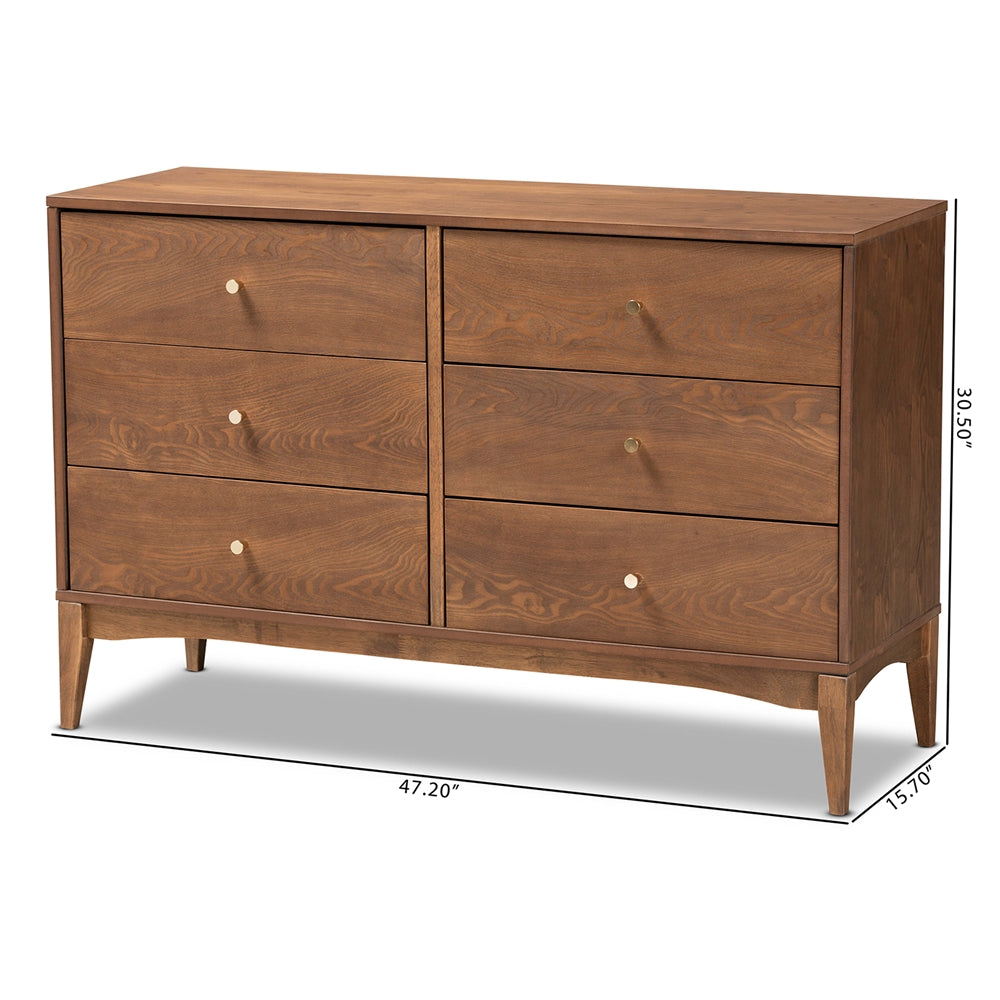 Baxton Studio Landis Mid-Century Modern Ash Walnut Finished Wood 6-Drawer Dresser