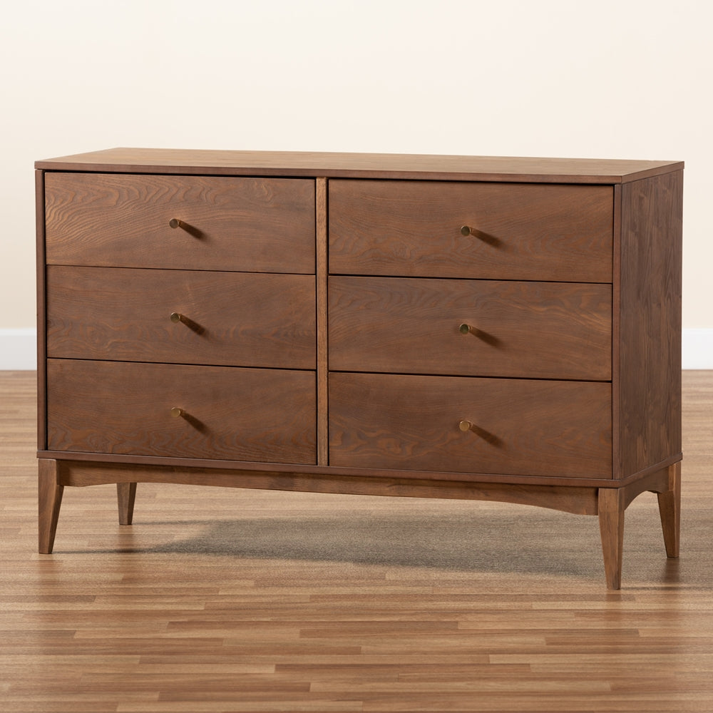 Baxton Studio Landis Mid-Century Modern Ash Walnut Finished Wood 6-Drawer Dresser