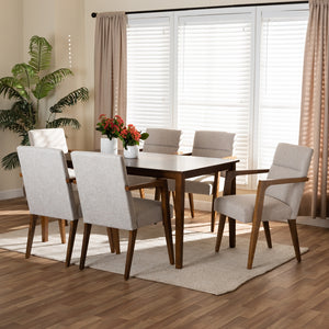 Baxton Studio Glenda Mid-Century Modern Beige Fabric Upholstered And Walnut Brown Finished Wood 7-Piece Dining Set