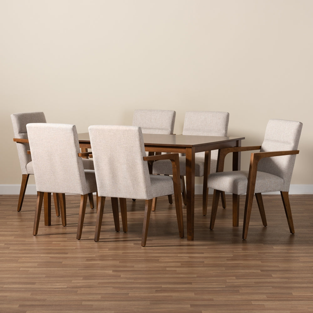 Baxton Studio Glenda Mid-Century Modern Beige Fabric Upholstered And Walnut Brown Finished Wood 7-Piece Dining Set