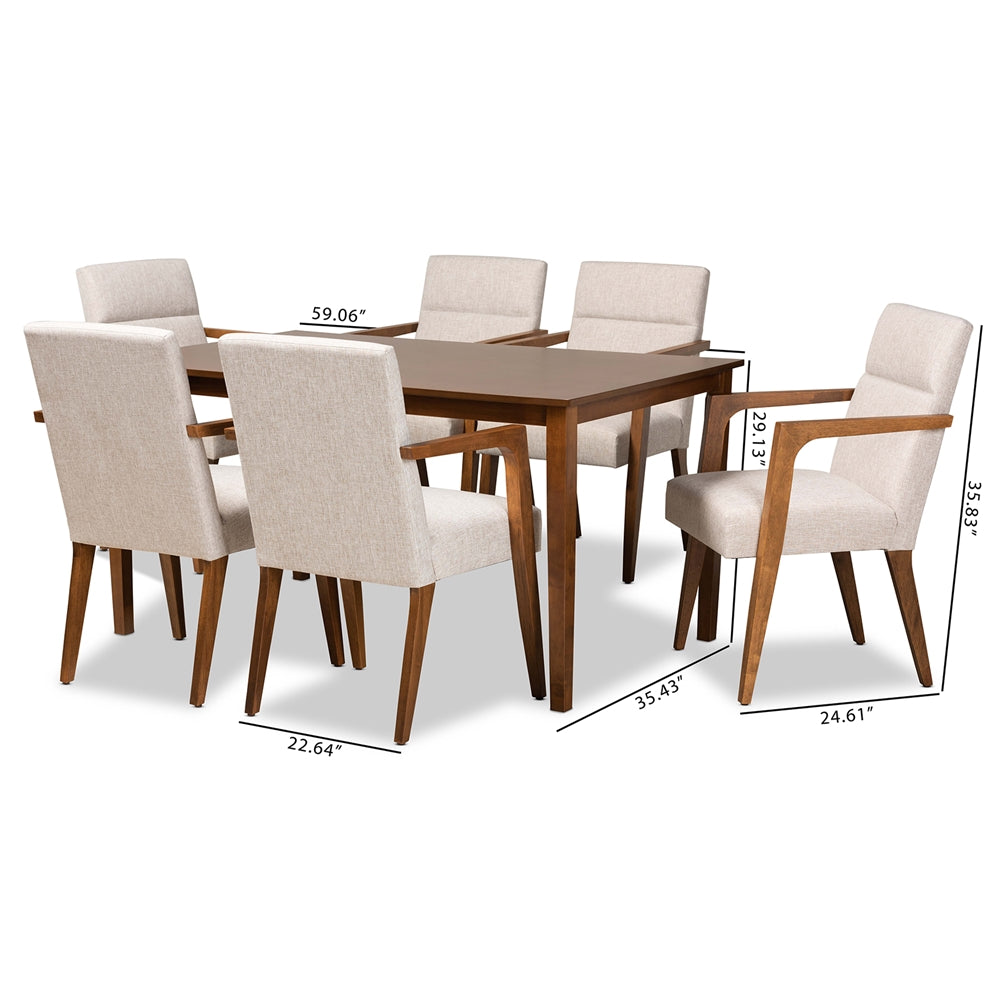 Baxton Studio Glenda Mid-Century Modern Beige Fabric Upholstered And Walnut Brown Finished Wood 7-Piece Dining Set