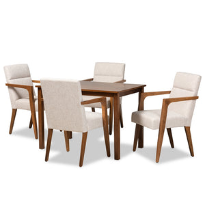 Baxton Studio Glenda Mid-Century Modern Beige Fabric Upholstered And Walnut Brown Finished Wood 5-Piece Dining Set