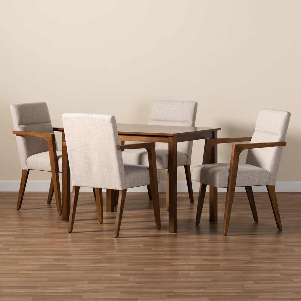 Baxton Studio Glenda Mid-Century Modern Beige Fabric Upholstered And Walnut Brown Finished Wood 5-Piece Dining Set