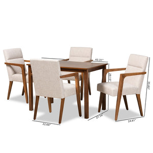 Baxton Studio Glenda Mid-Century Modern Beige Fabric Upholstered And Walnut Brown Finished Wood 5-Piece Dining Set