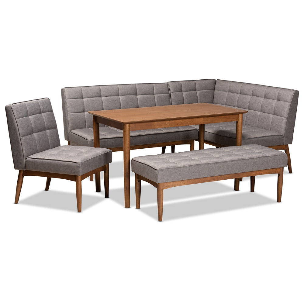 Baxton Studio Sanford Mid-Century Modern Fabric Upholstered and Walnut Brown Finished Wood 5-Piece Dining Nook Set