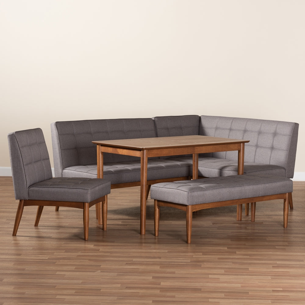 Baxton Studio Sanford Mid-Century Modern Grey Fabric Upholstered And Walnut Brown Finished Wood 5-Piece Dining Nook Set