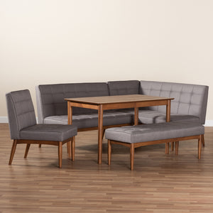 Baxton Studio Sanford Mid-Century Modern Grey Fabric Upholstered And Walnut Brown Finished Wood 5-Piece Dining Nook Set