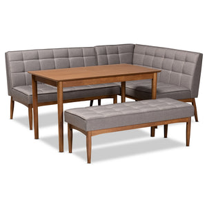 Baxton Studio Sanford Mid-Century Modern Fabric Upholstered and Walnut Brown Finished Wood 4-Piece Dining Nook Set