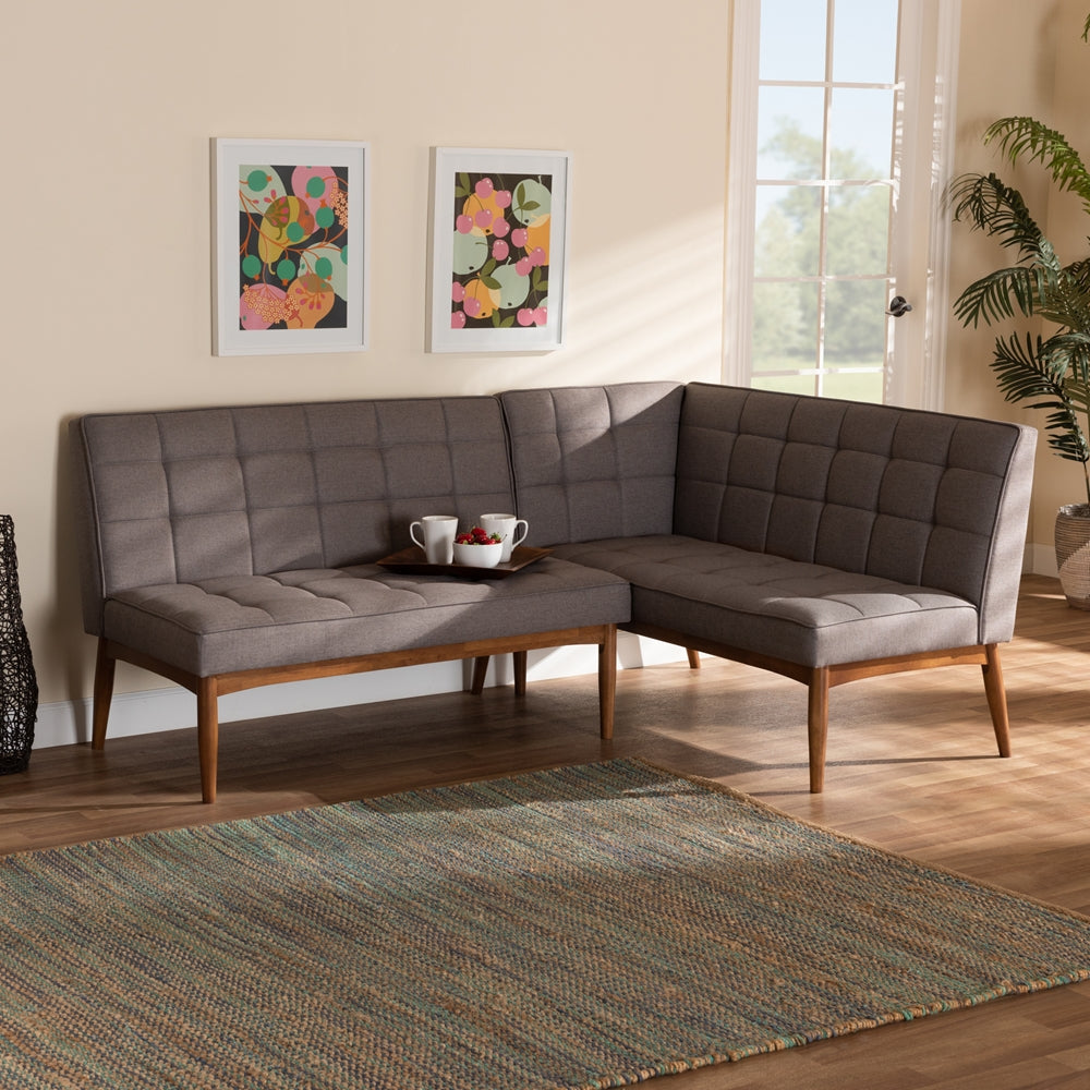 Baxton Studio Sanford Mid-Century Modern Grey Fabric Upholstered And Walnut Brown Finished Wood 2-Piece Dining Nook Banquette Set