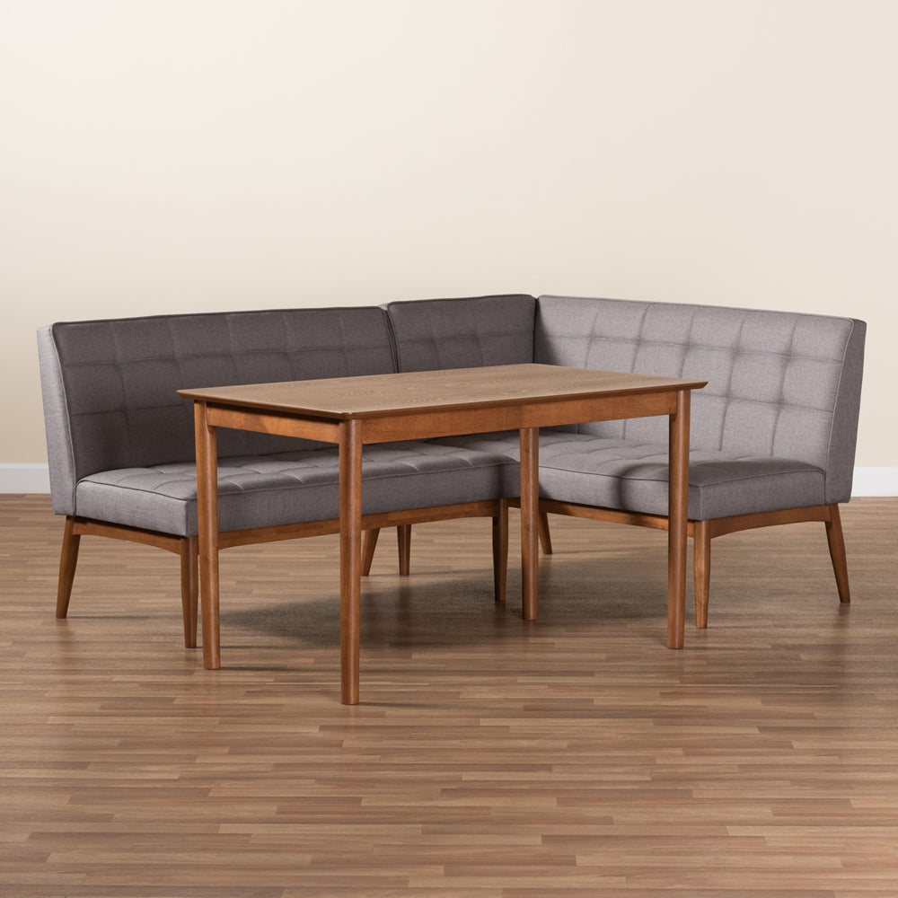 Baxton Studio Sanford Mid-Century Modern Grey Fabric Upholstered And Walnut Brown Finished Wood 3-Piece Dining Nook Set