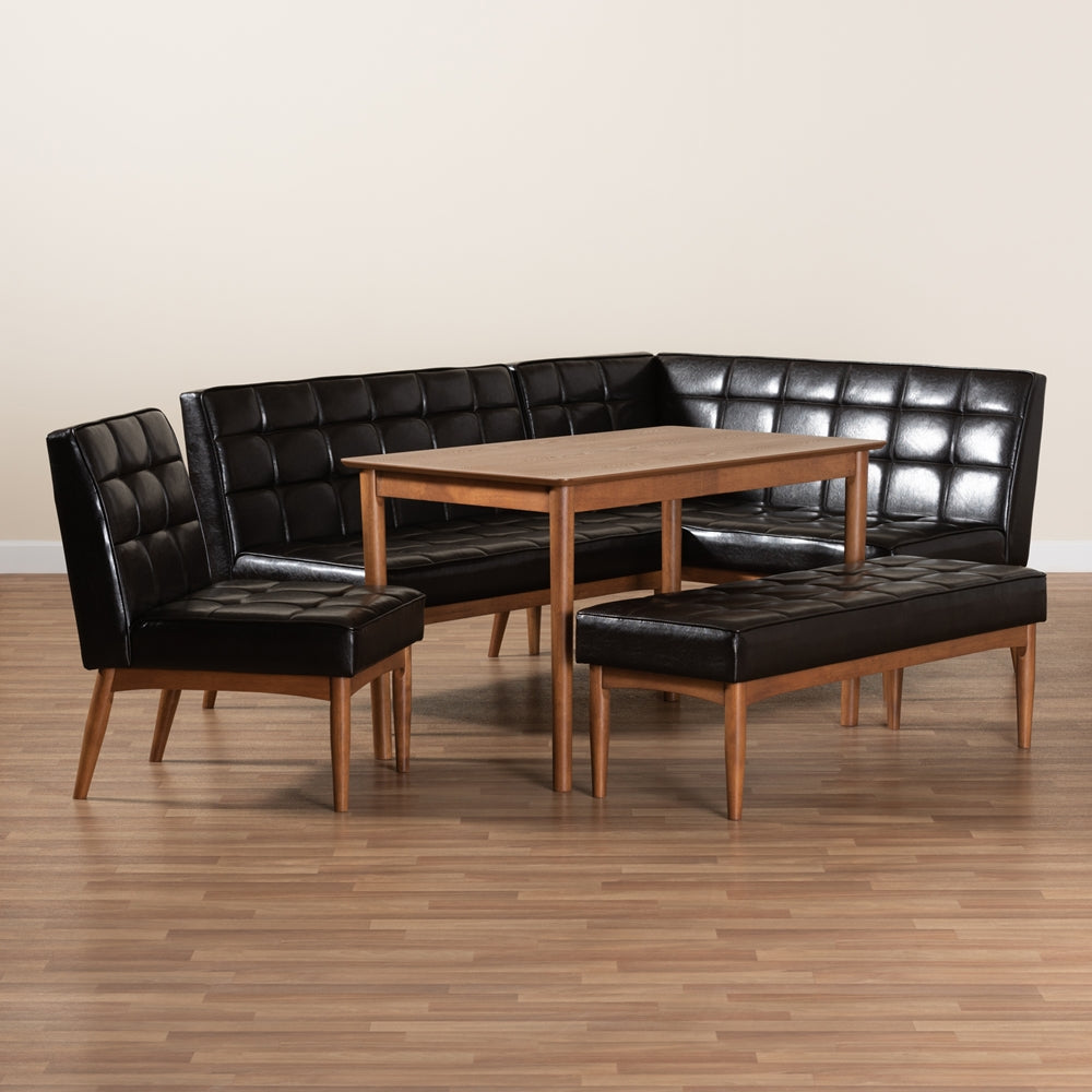 Baxton Studio Sanford Mid-Century Modern Dark Brown Faux Leather Upholstered And Walnut Brown Finished Wood 5-Piece Dining Nook Set