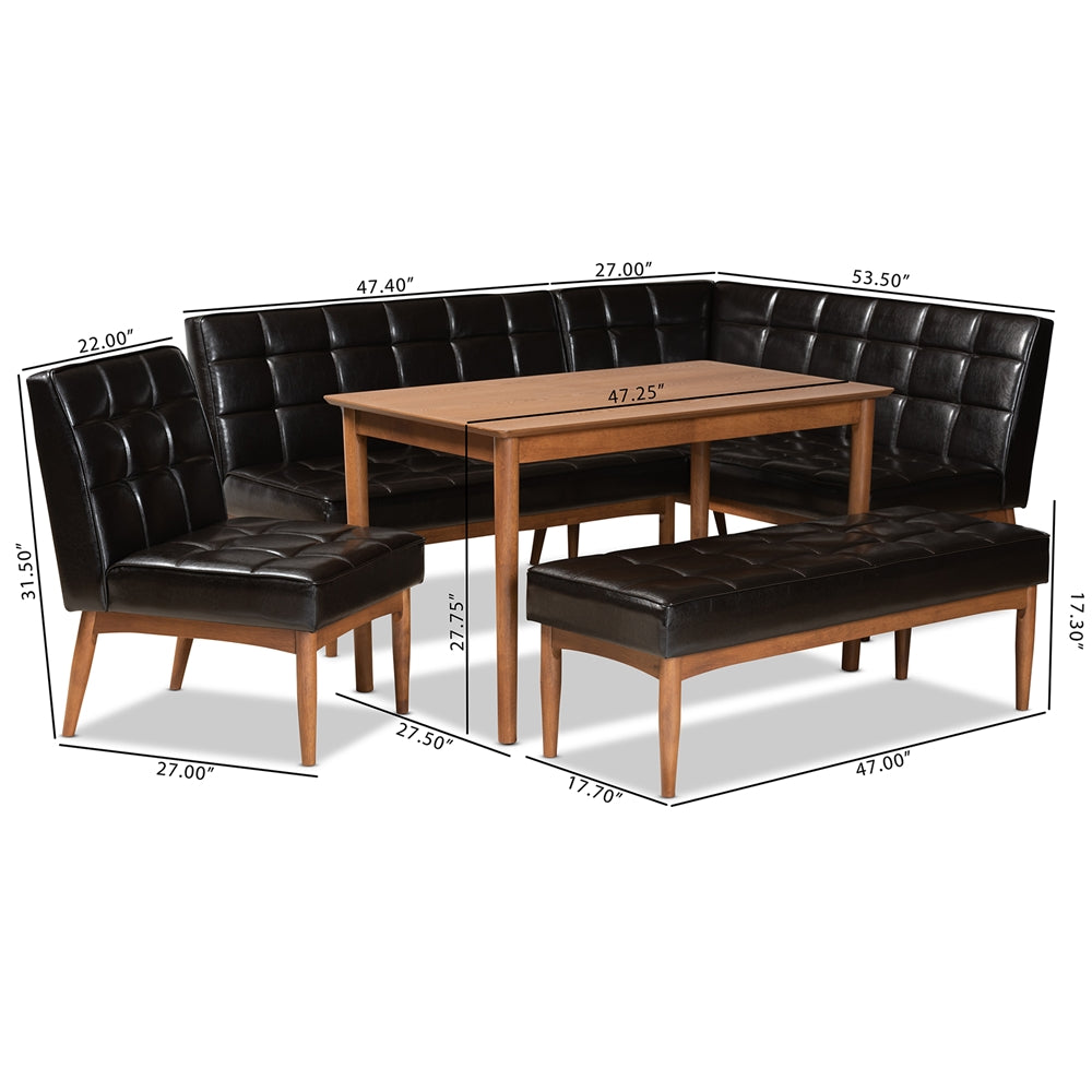 Baxton Studio Sanford Mid-Century Modern Dark Brown Faux Leather Upholstered And Walnut Brown Finished Wood 5-Piece Dining Nook Set