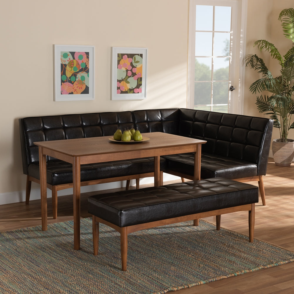 Baxton Studio Sanford Mid-Century Modern Dark Brown Faux Leather Upholstered And Walnut Brown Finished Wood 4-Piece Dining Nook Set