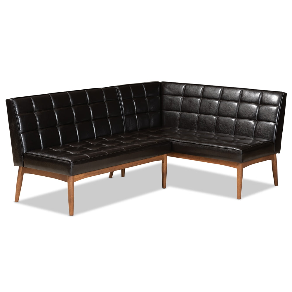 Baxton Studio Sanford Mid-Century Modern Dark Brown Faux Leather Upholstered And Walnut Brown Finished Wood 2-Piece Dining Nook Banquette Set